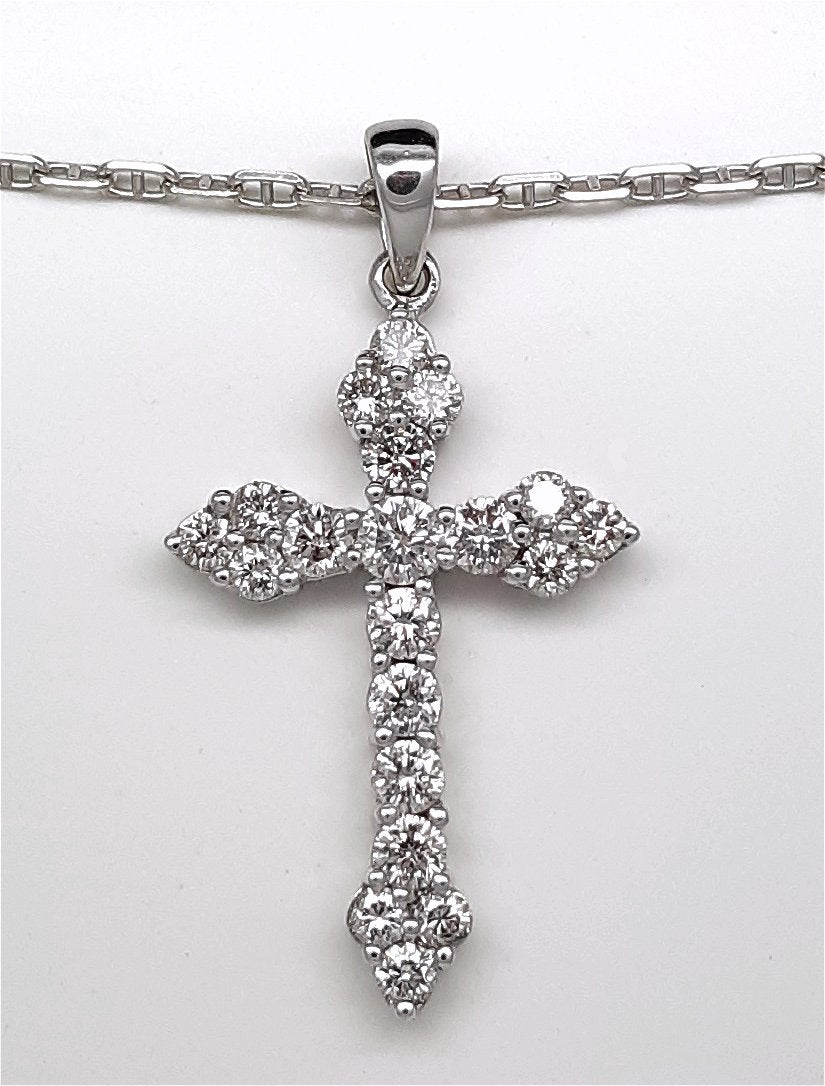 A lady's estate 14k white gold Papal or Roman diamond cross pendant on chain.