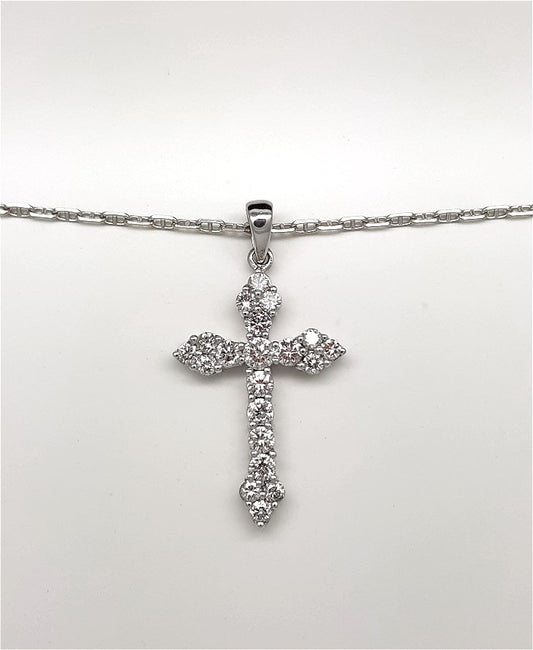 A lady's estate 14k white gold Papal or Roman diamond cross pendant on chain.