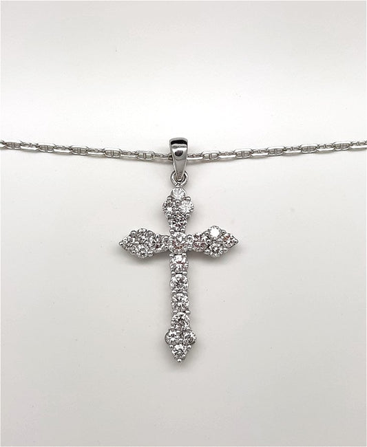 A lady's estate 14k white gold Papal or Roman diamond cross pendant on chain.