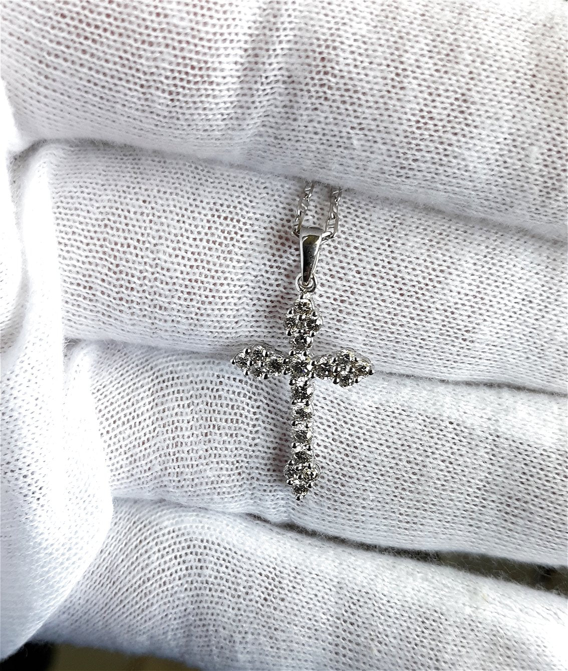 A lady's estate 14k white gold Papal or Roman diamond cross pendant on chain.