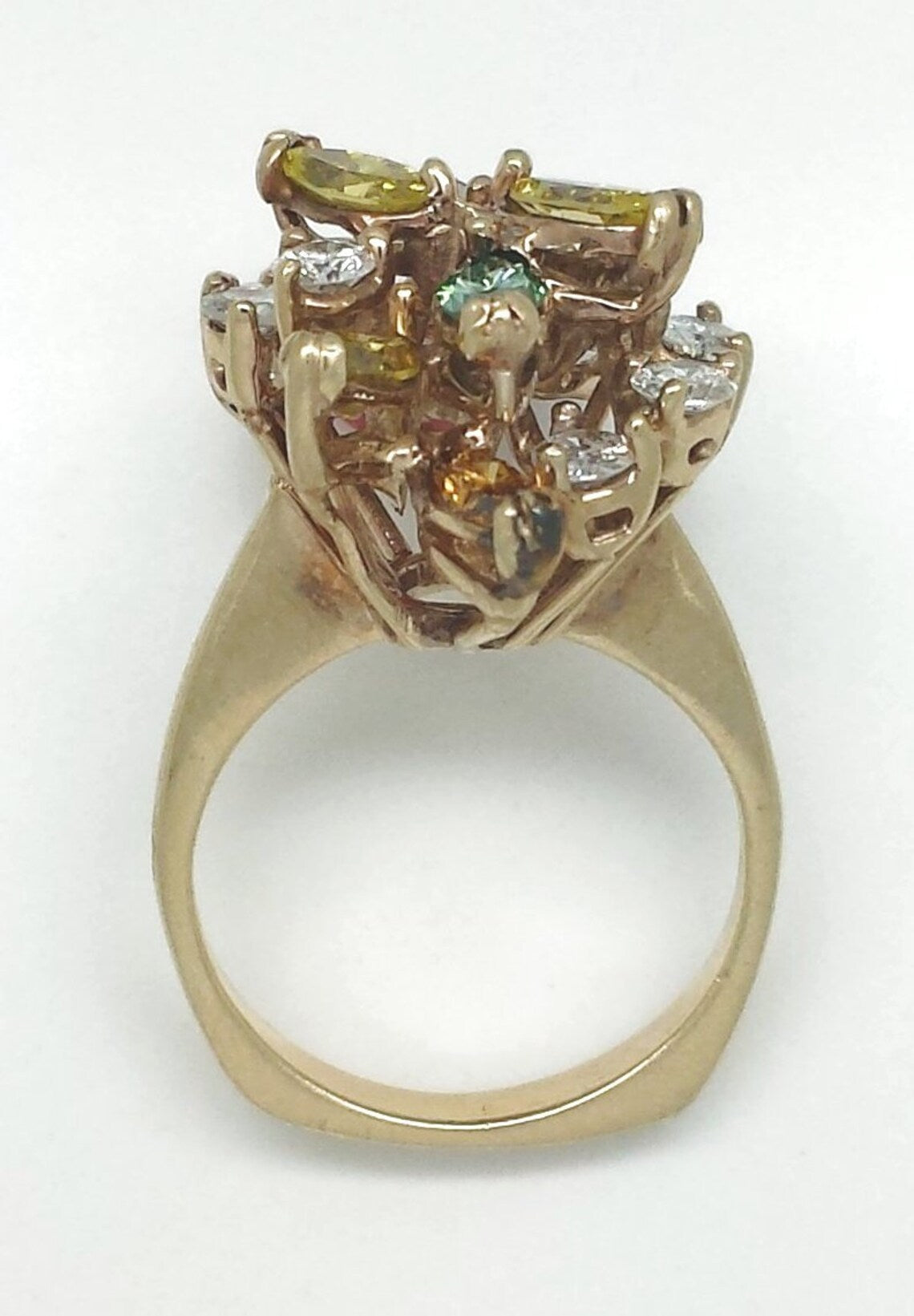 A lady's estate 14k yellow gold fruit salad fancy color diamond dinner ring. c 1970s